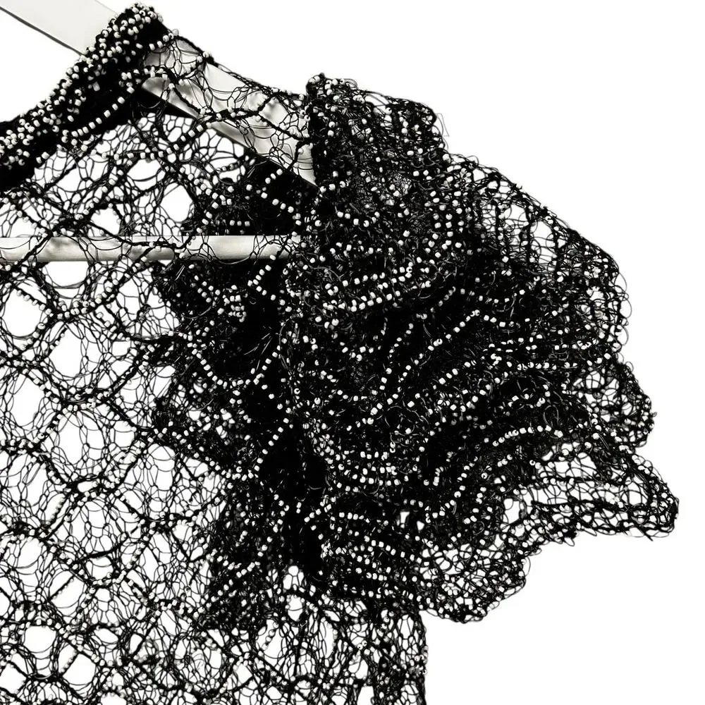 Chanel Black White Beaded Fishnet Ruffled Short Sleeve Dress Womens 38 / US 6?